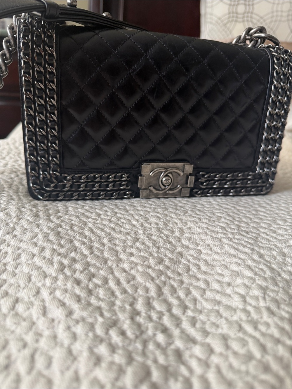 CHANEL Black Quilted Lambskin Boy Crossbody with Silver Hardware